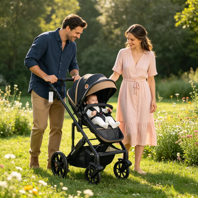 Foldable Baby Stroller With Reclining Seat And Shock Absorbent Wheels
