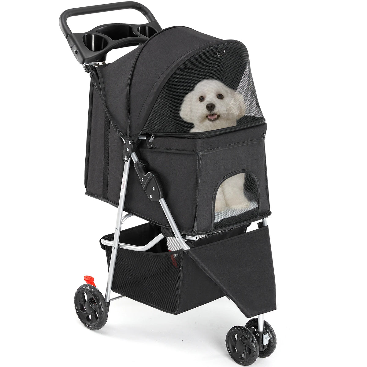 3 Wheel Foldable Pet Stroller Shock Absorbing Wheels Storage Basket
