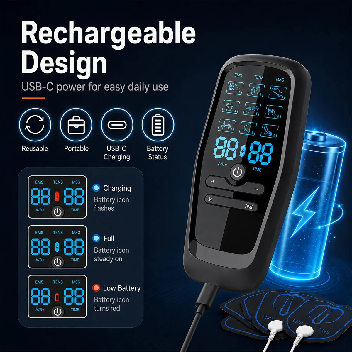 Rechargeable Dual Channel TENS EMS Muscle Stimulator