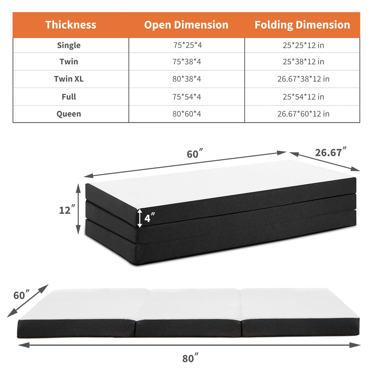 JHK Portable Tri Fold Memory Foam Mattress With Washable Cover