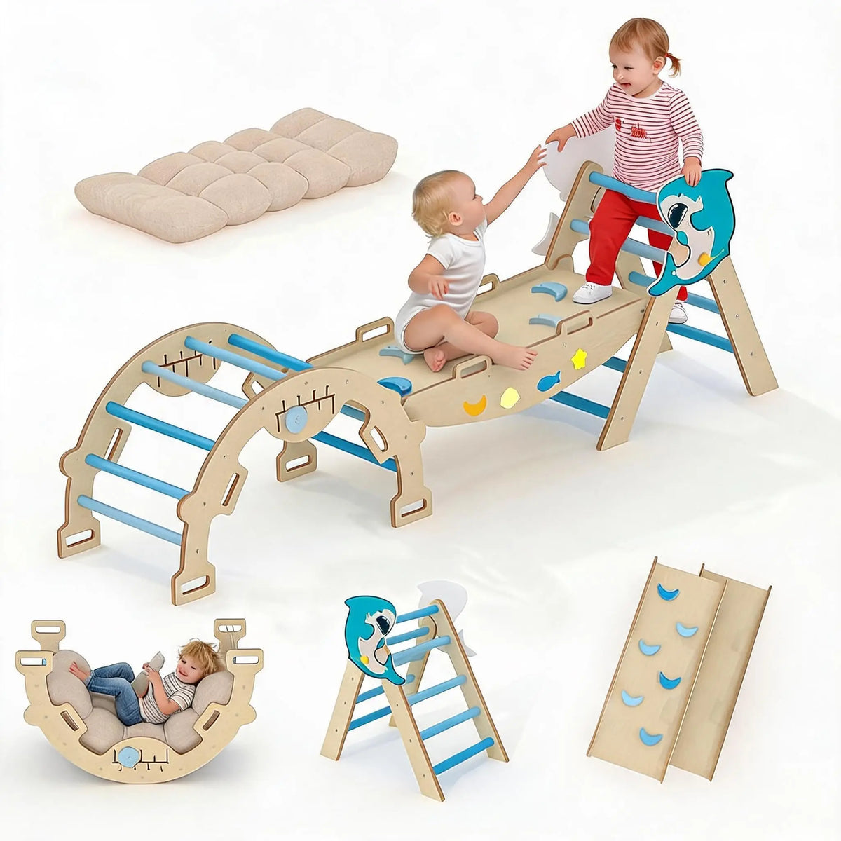 HiMISS Foldable Pikler Triangle Climbing Ramp Wooden Play Set