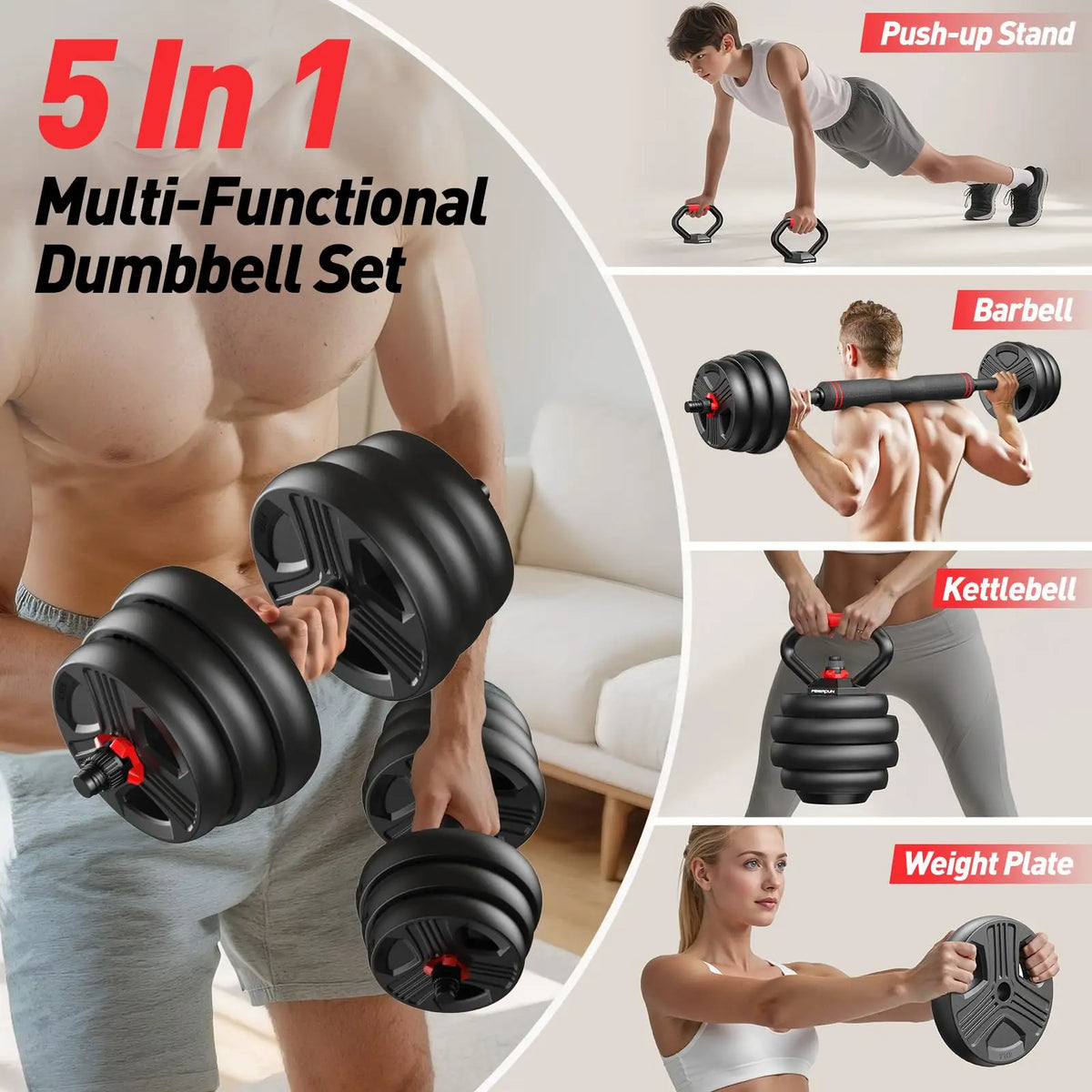 FITPLAM Adjustable 5In1 Dumbbell Set For Strength Training