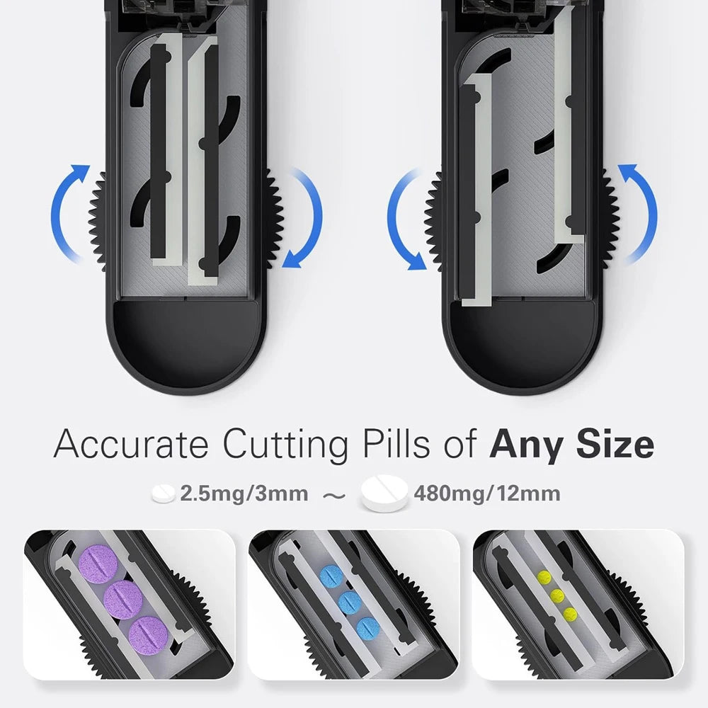 Adjustable Pill Cutter Splitter with Storage Case, Tablet Cutting Tool for Small & Large Pills, Stainless Steel Blade with Adjustable Holder for Easy Precise Pill Splitting, Compact Portable Design