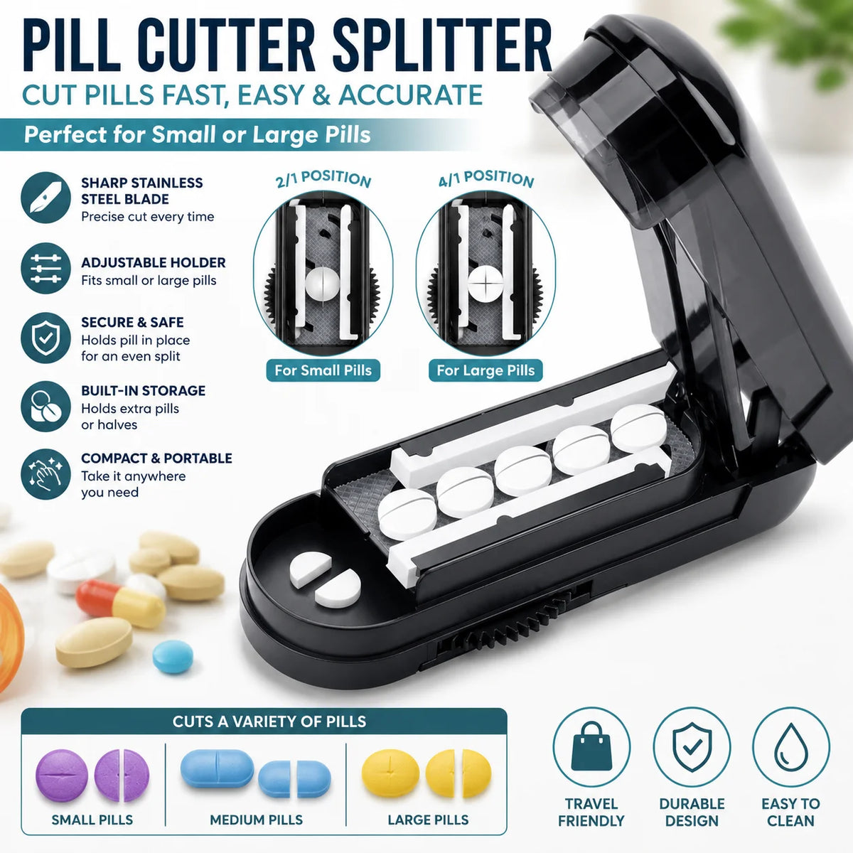 Adjustable Pill Cutter Splitter with Storage Case, Tablet Cutting Tool for Small & Large Pills, Stainless Steel Blade with Adjustable Holder for Easy Precise Pill Splitting, Compact Portable Design