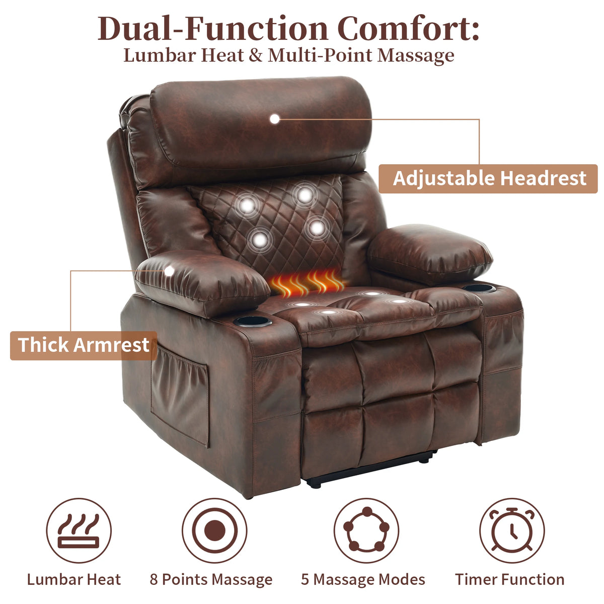 Redlife Oversized Dual Motor Power Lift Recliner for Elderly | Zero Gravity 25.6" Wide Seat, Massage ＆ Heat, Adjustable Headrest & Hidden Storage, Leathaire
