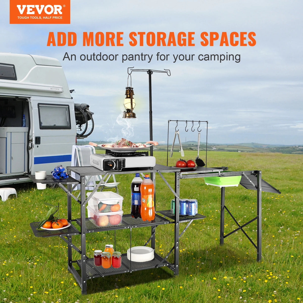 SucceBuy Portable Camping Kitchen Table With Sink For Outdoor Cooking