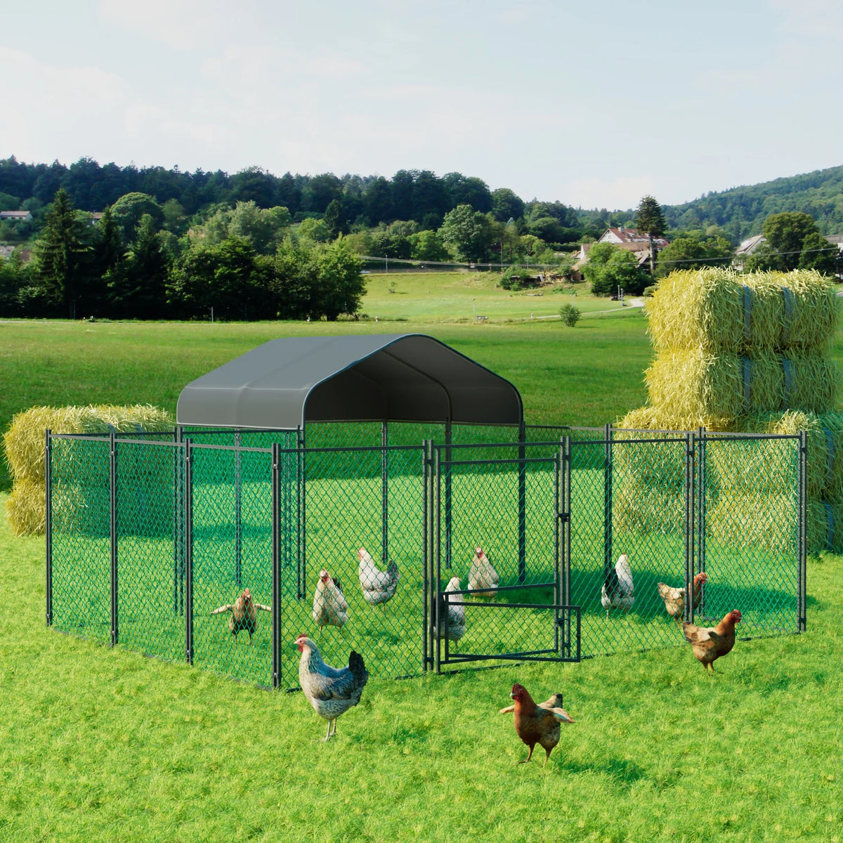 Heavy Duty Large Chicken Run Coop Cage Walk In Coop Poultry Hen Rabbit Metal Kennel Hutch Pen with Waterproof UV Cover Outdoor