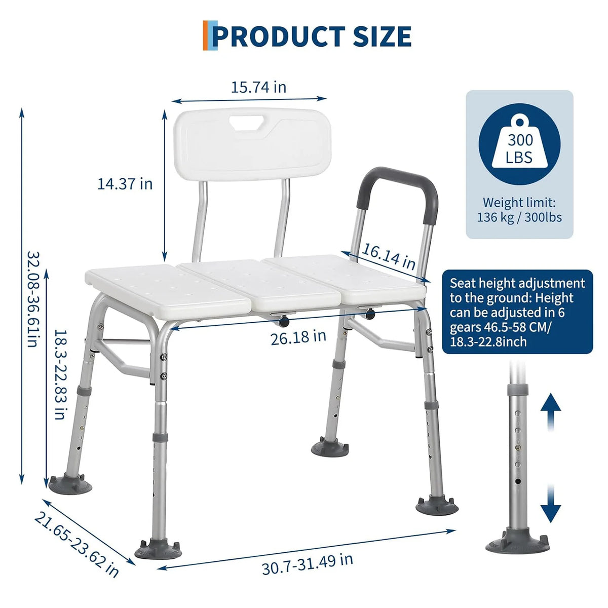 HiMISS Height Adjustable Shower Bench With Backrest For Bathtubs