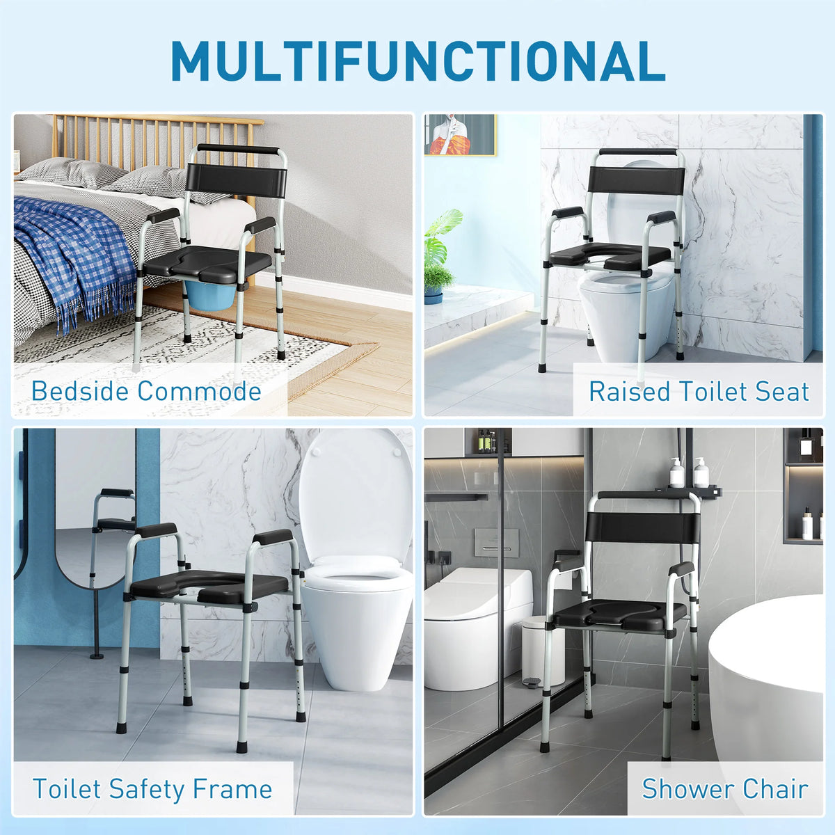 HOMCOM Adjustable Bedside Commode Shower Chair With Handles