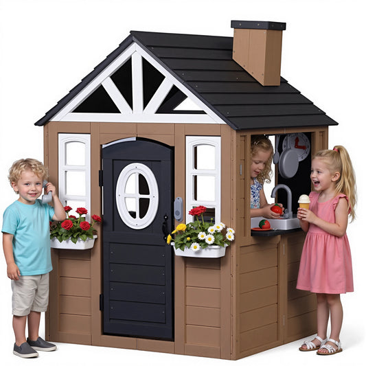Kids Wooden Pretend Playhouse With Sink And Role Play Toys