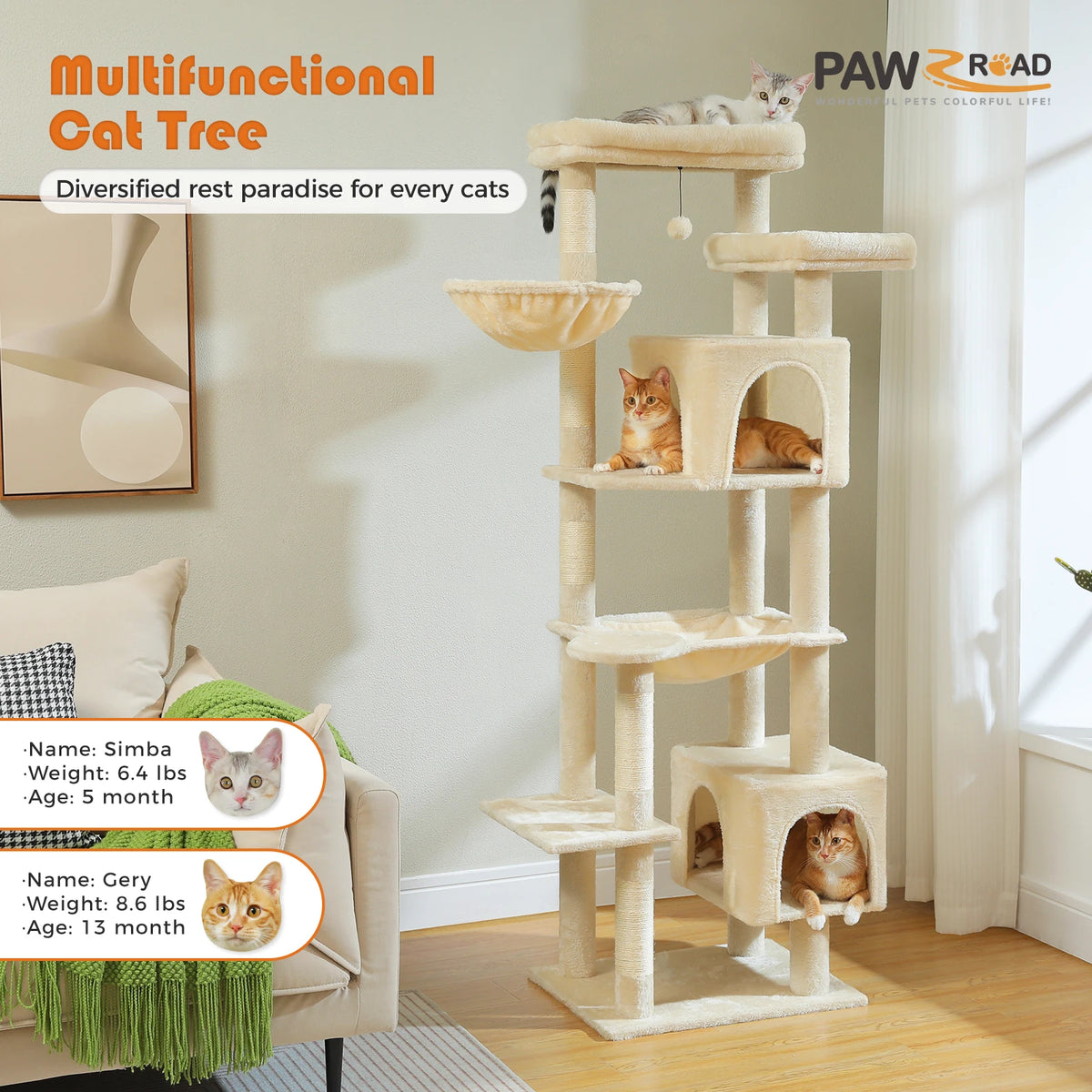PAWZ Road Cat Tower With Hammock And Scratching Posts