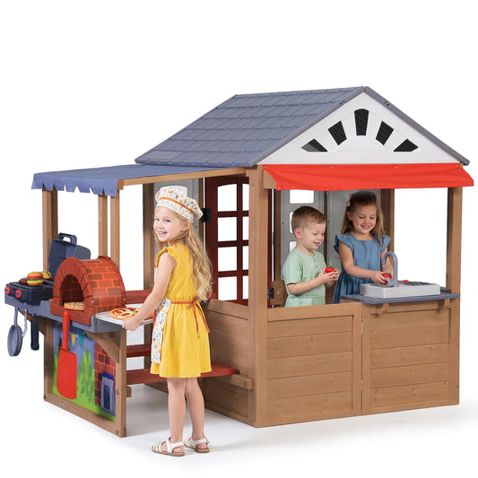Wooden Kids Playhouse With Barbecue Grill And Pizza Oven Cottage