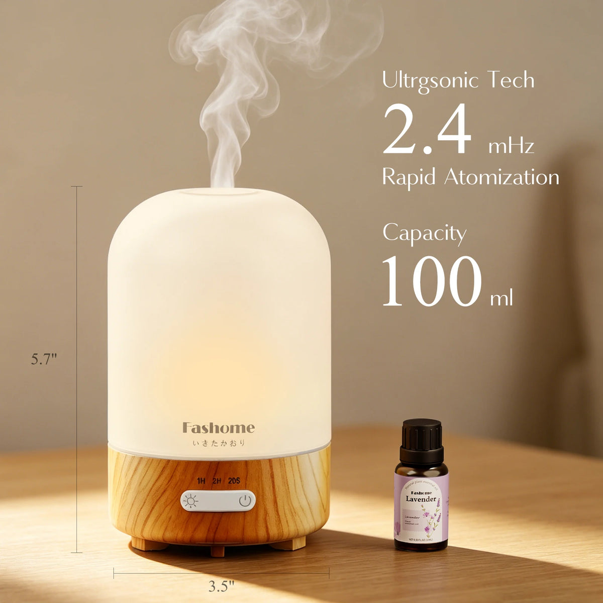 Essential Oil Diffuser, Ultrasonic Aromatherapy Humidifier, Hand Blown Glass Aroma Diffuser, Auto Shut-Off, Warm White Lights, 100ML Capacity Water Tank