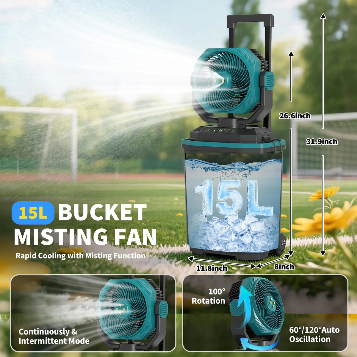 HiMISS Portable Misting Bucket Fan With Remote Oscillating Wheels