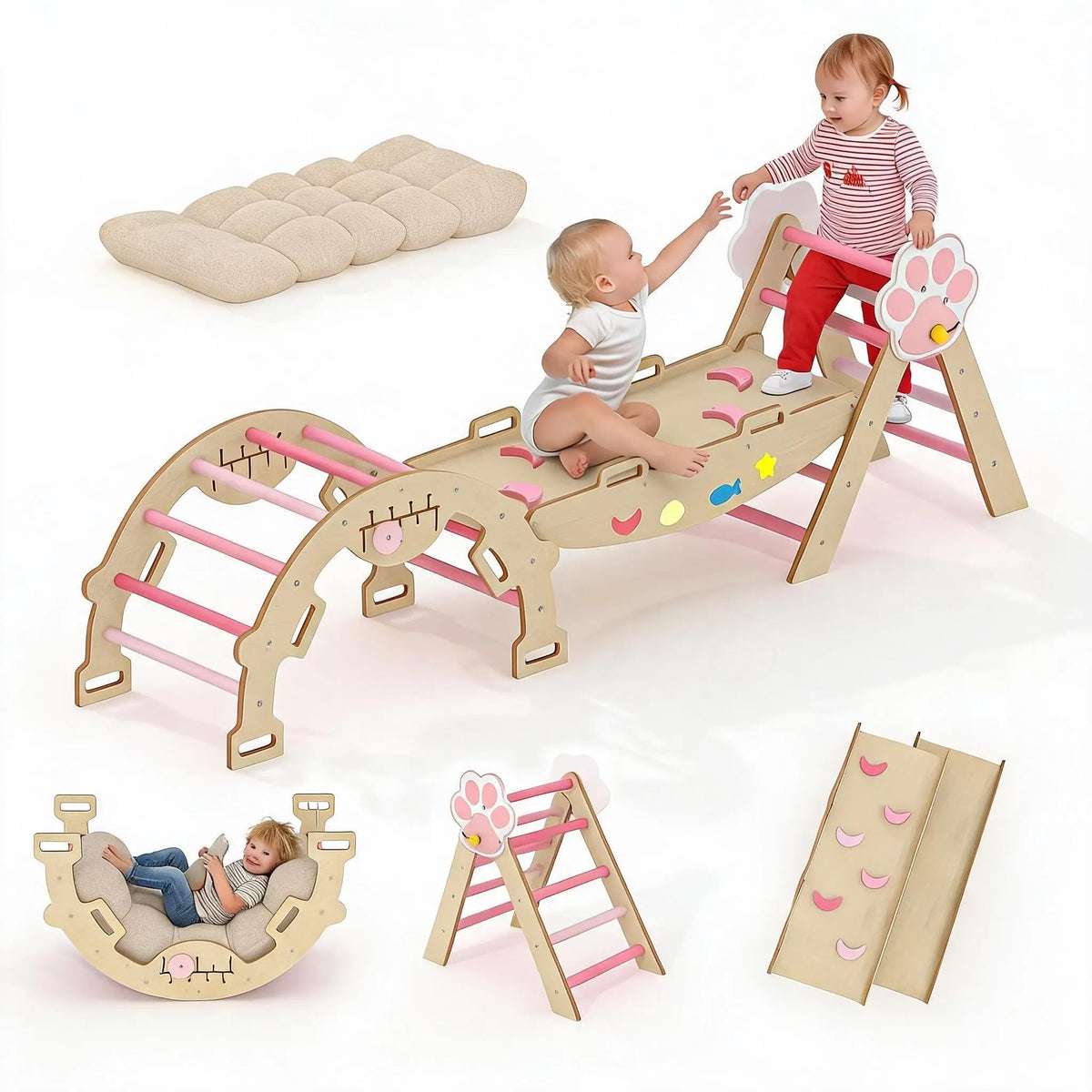 HiMISS Foldable Pikler Triangle Climbing Ramp Wooden Play Set