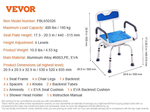 SucceBuy Adjustable Swivel Shower Chair With Armrests And Backrest