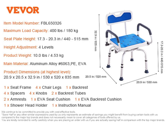 SucceBuy Swivel Shower Chair With Arms, Backrest And Nonslip Seat