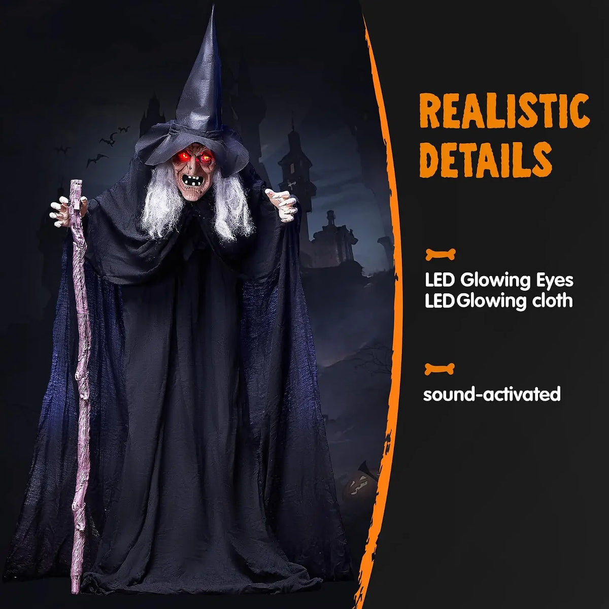 Joyfy Animatronic Witch Halloween Outdoor Prop With Cane And Lights