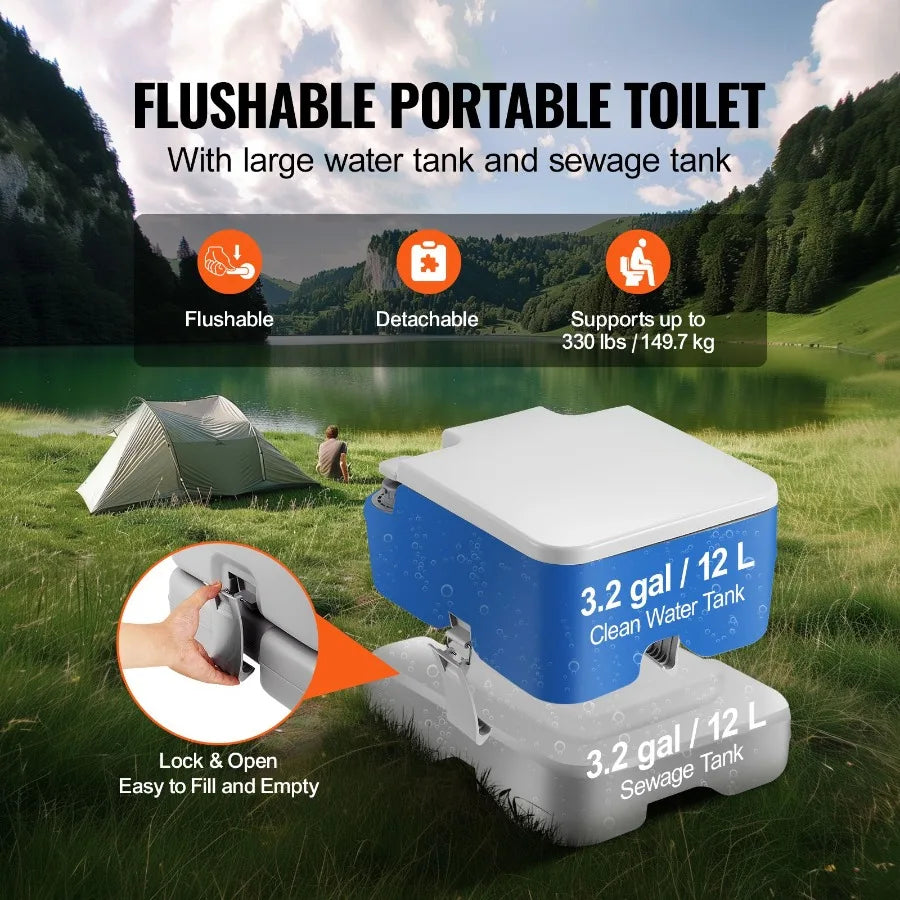 Portable Camping Toilet With Pressurized Flush And Carry Bag