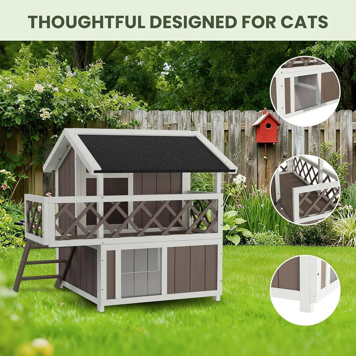 DishyKooker Wooden Two Level Cat House Outdoor Weatherproof Shelter