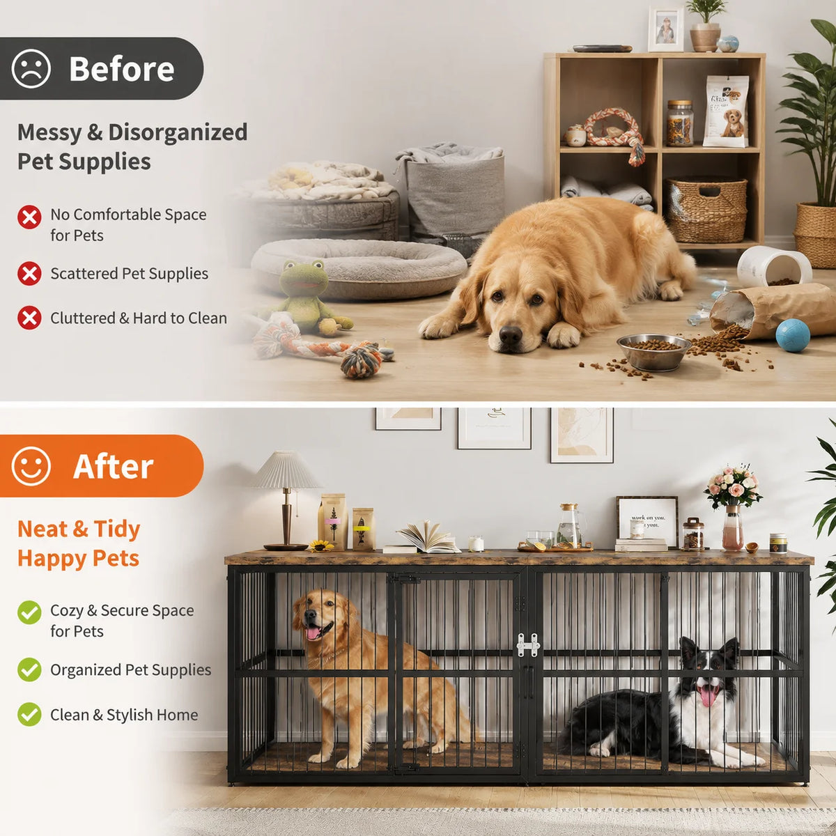 Sturdy Wooden Double Dog Crate Furniture With Divider and Storage