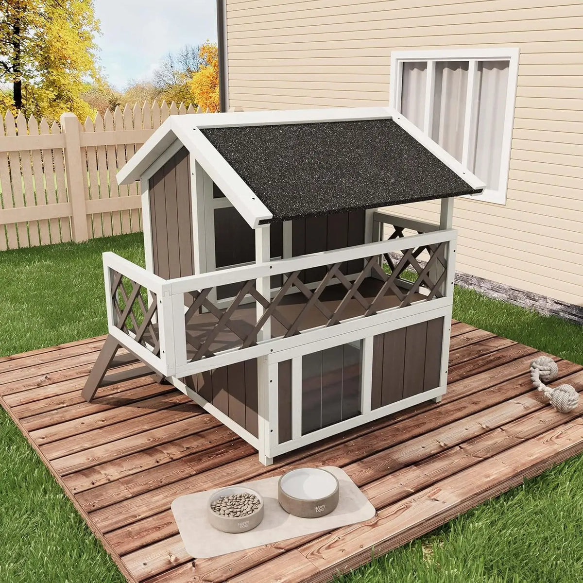 DishyKooker Wooden Two Level Cat House Outdoor Weatherproof Shelter