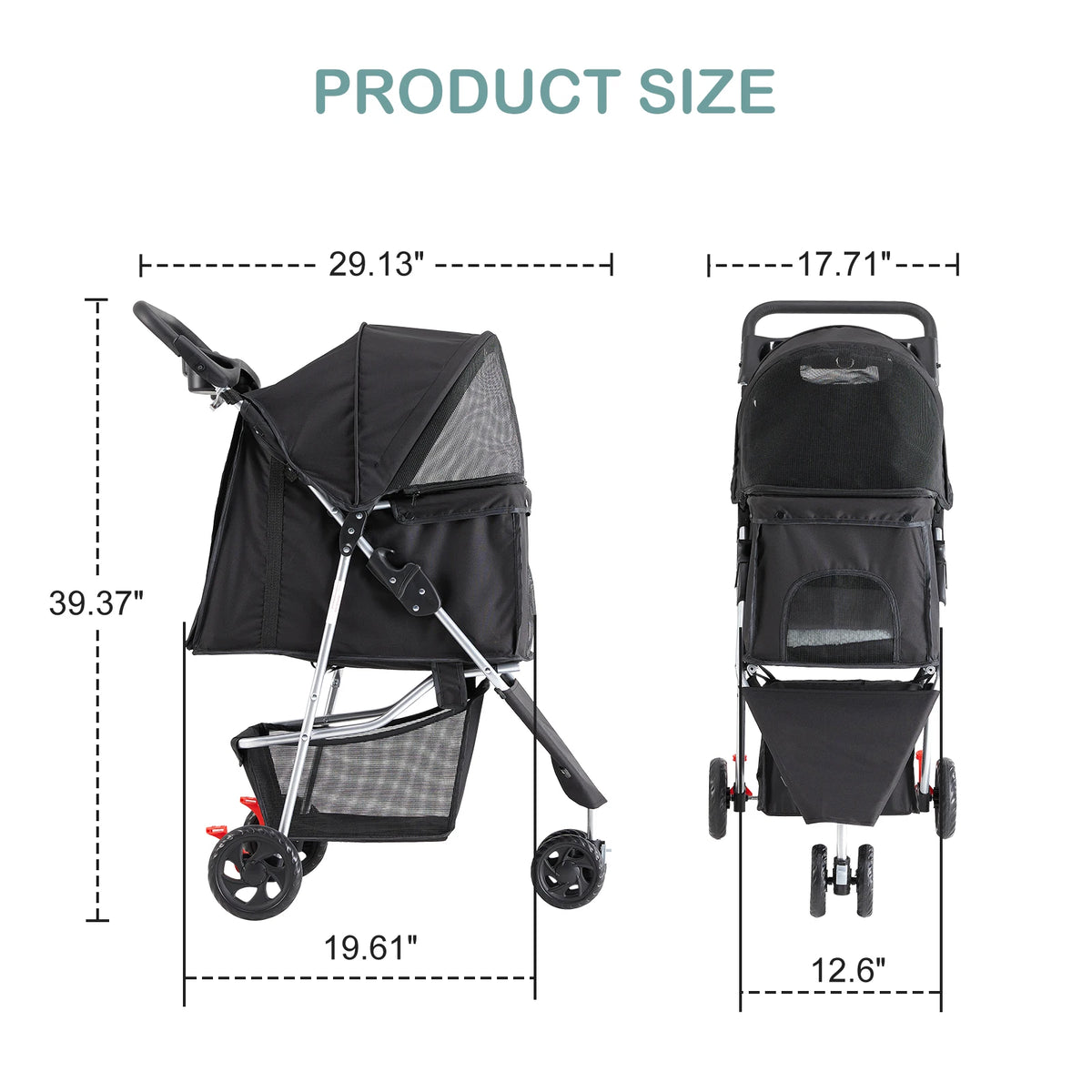 3 Wheel Foldable Pet Stroller Shock Absorbing Wheels Storage Basket