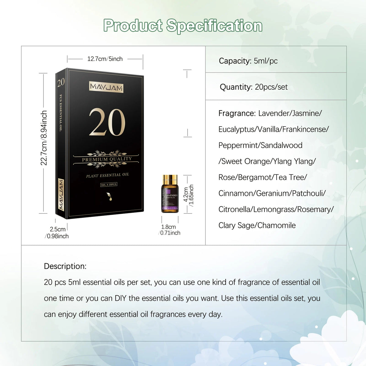 Mayjam 20 Bottles Essential Oil Set Lavender Jasmine Eucalyptus Vanilla