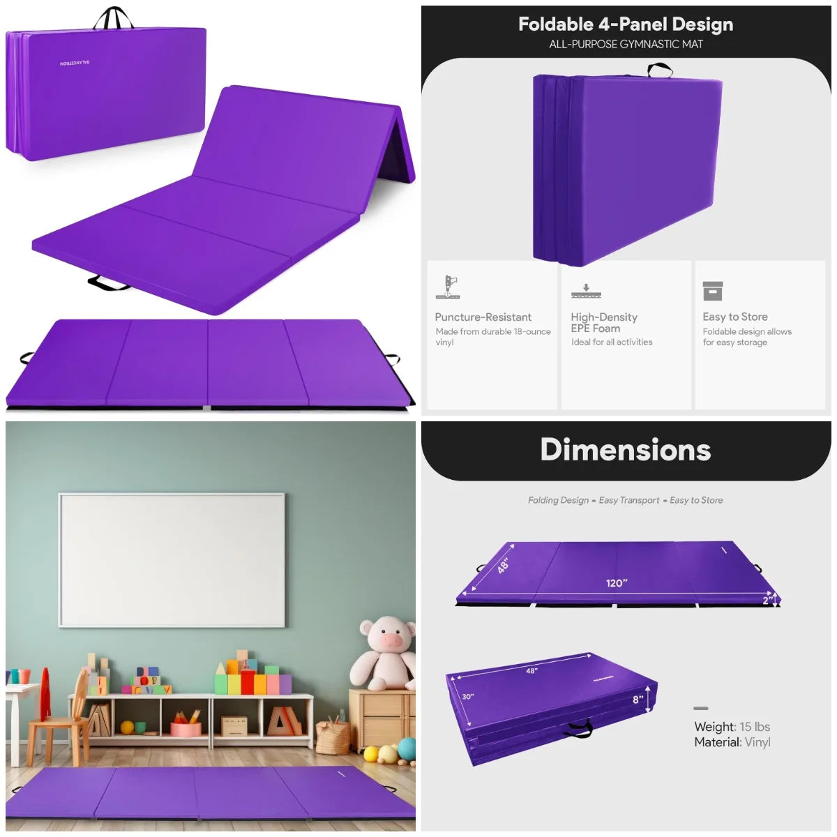 YTYIN Four Panel Folding Gymnastics Mat With Carrying Handles