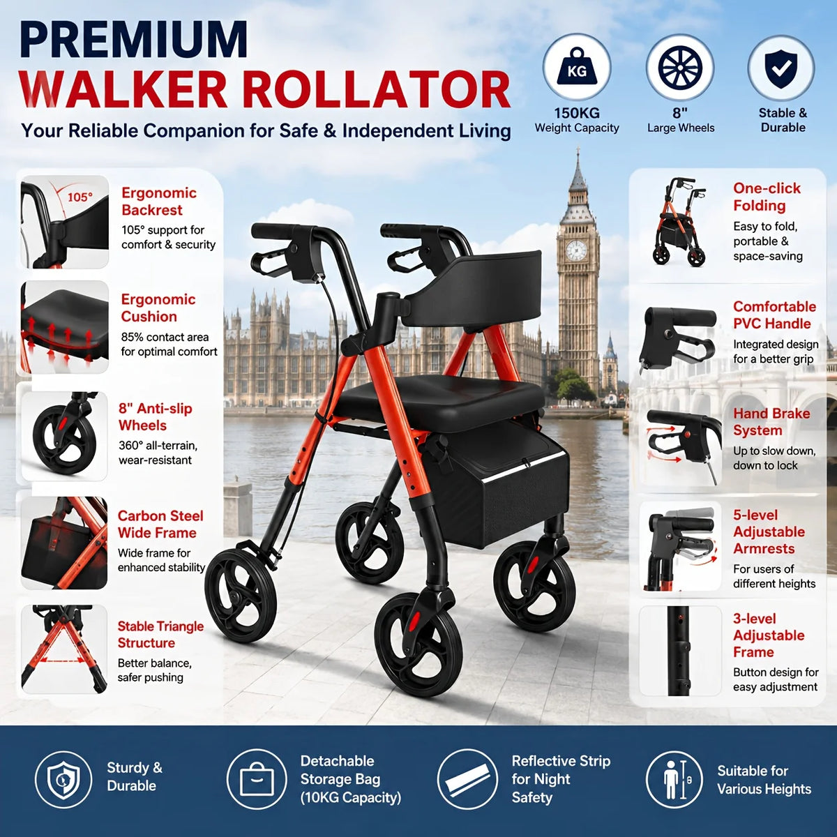 Maidesite Foldable Rollator Walker For Seniors With Seat