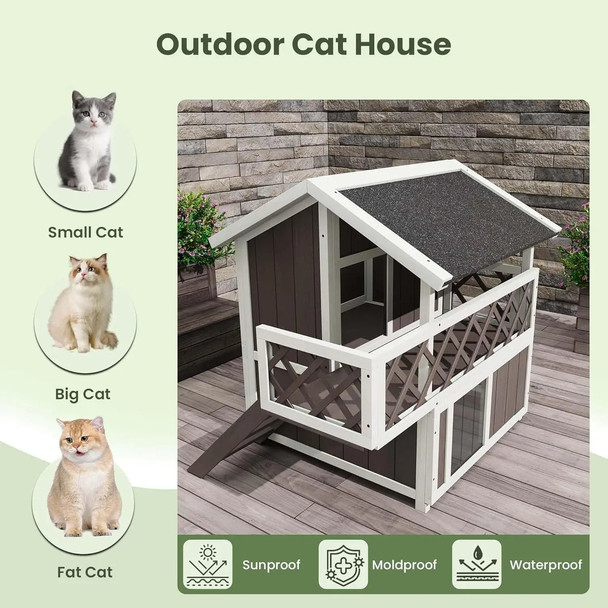 DishyKooker Wooden Two Level Cat House Outdoor Weatherproof Shelter