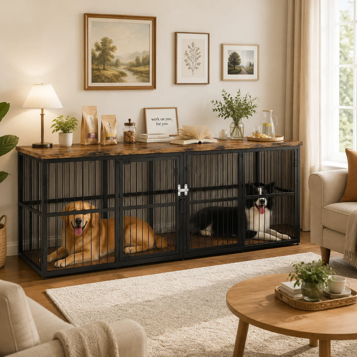 Sturdy Wooden Double Dog Crate Furniture With Divider and Storage