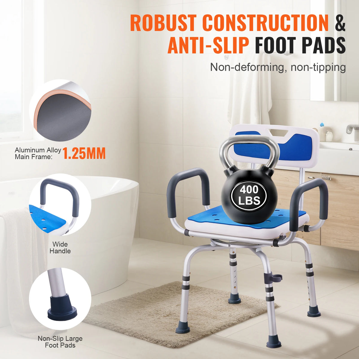 SucceBuy Adjustable Swivel Shower Chair With Armrests And Backrest