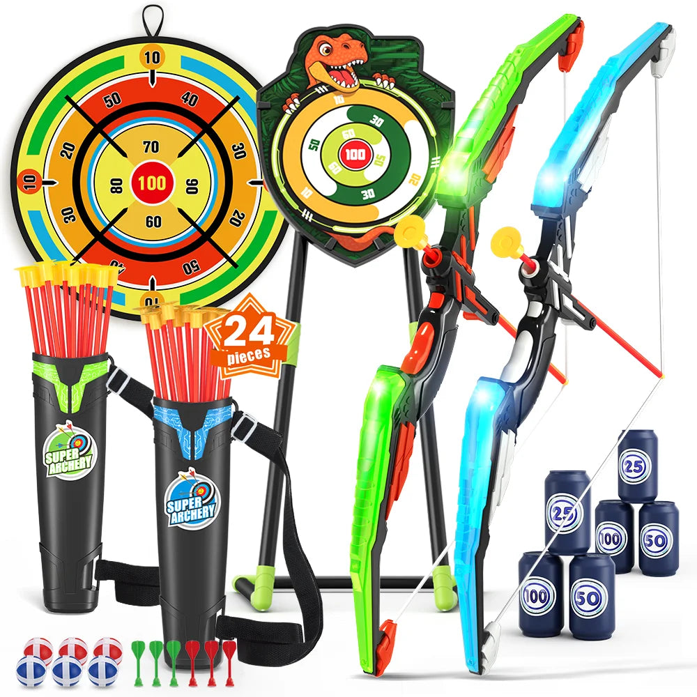 29" Large Dart Board,2 Pcs Bow and Arrow for Kids LED Light Up Archery Set With 24 Suction Cup Arrows, Indoor Outdoor Sport Toys Gifts for Boys Girls Ages 3-12 Birthday Halloween Christmas Gift