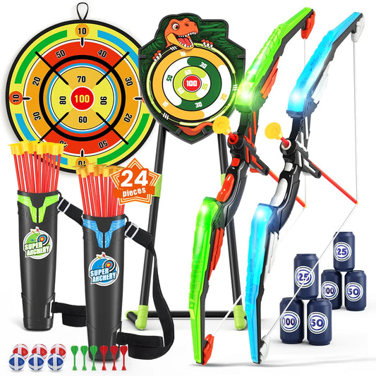 29" Large Dart Board,2 Pcs Bow and Arrow for Kids LED Light Up Archery Set With 24 Suction Cup Arrows, Indoor Outdoor Sport Toys Gifts for Boys Girls Ages 3-12 Birthday Halloween Christmas Gift