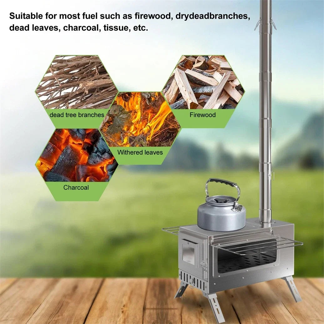 Portable Stainless Steel Wood Burning Tent Stove With Chimney Pipes