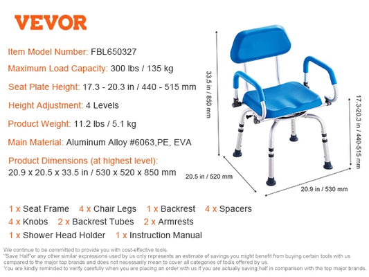 SucceBuy Adjustable Swivel Shower Chair With Armrests And Backrest