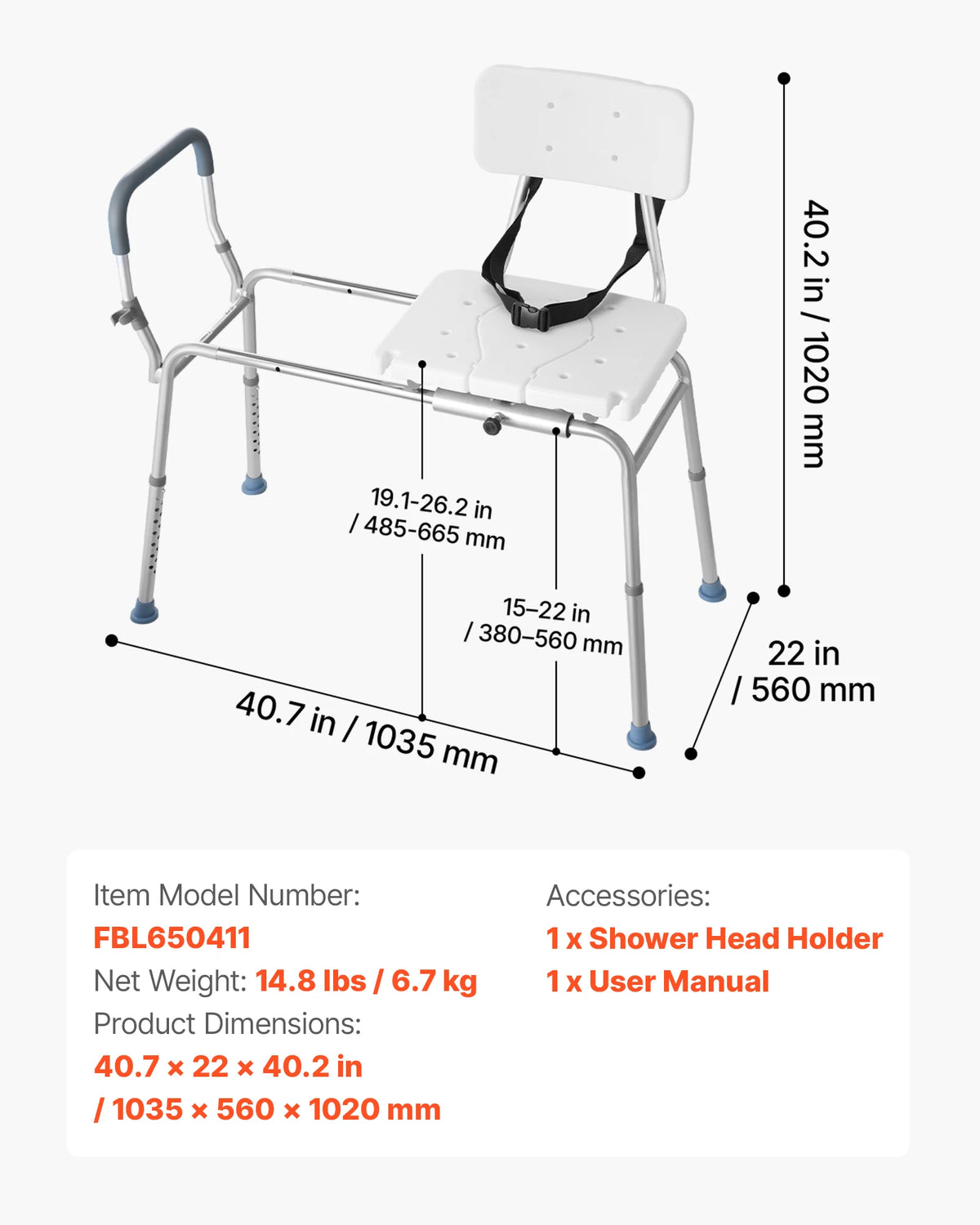 SucceBuy Height Adjustable Shower Bench With Armrests And Backrest