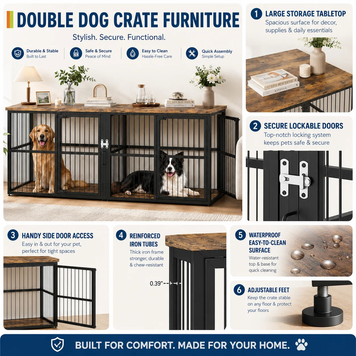 Sturdy Wooden Double Dog Crate Furniture With Divider and Storage