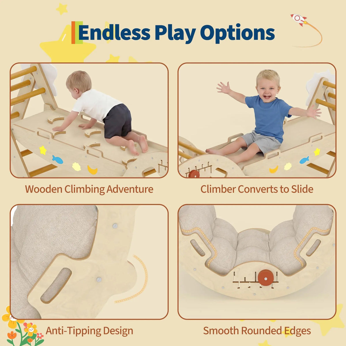 HiMISS Foldable Pikler Triangle Climbing Ramp Wooden Play Set
