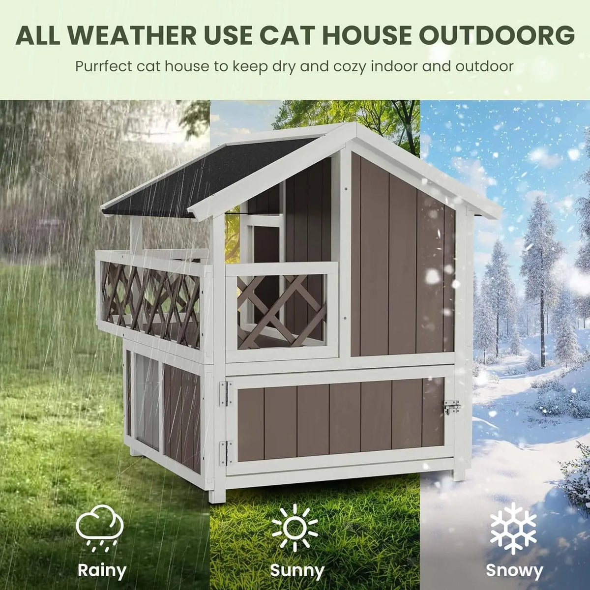 DishyKooker Wooden Two Level Cat House Outdoor Weatherproof Shelter