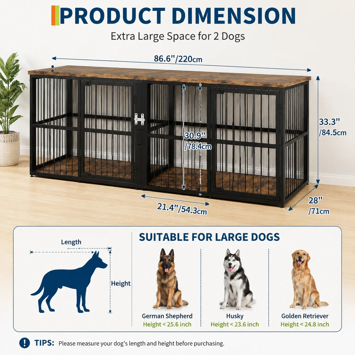 Sturdy Wooden Double Dog Crate Furniture With Divider and Storage