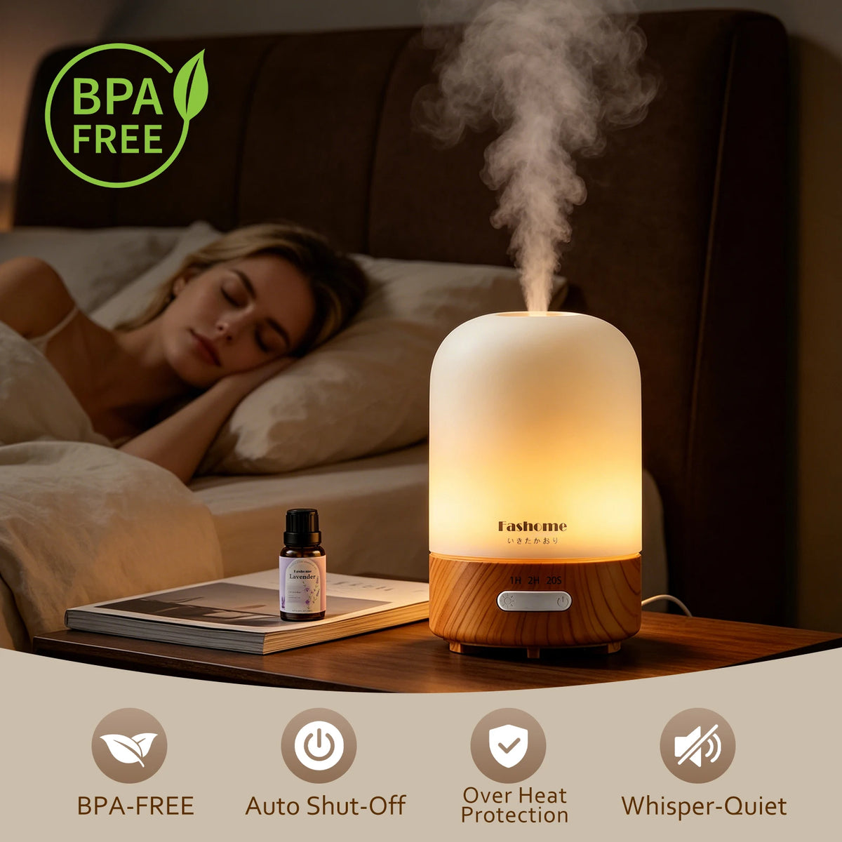 Essential Oil Diffuser, Ultrasonic Aromatherapy Humidifier, Hand Blown Glass Aroma Diffuser, Auto Shut-Off, Warm White Lights, 100ML Capacity Water Tank