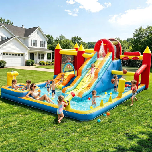 Jump 'N Slide Inflatable Bouncer for Kids, Heavy Duty Blower, Stakes Repair Patches Storage Bag, Indoor Outdoor Bounce House