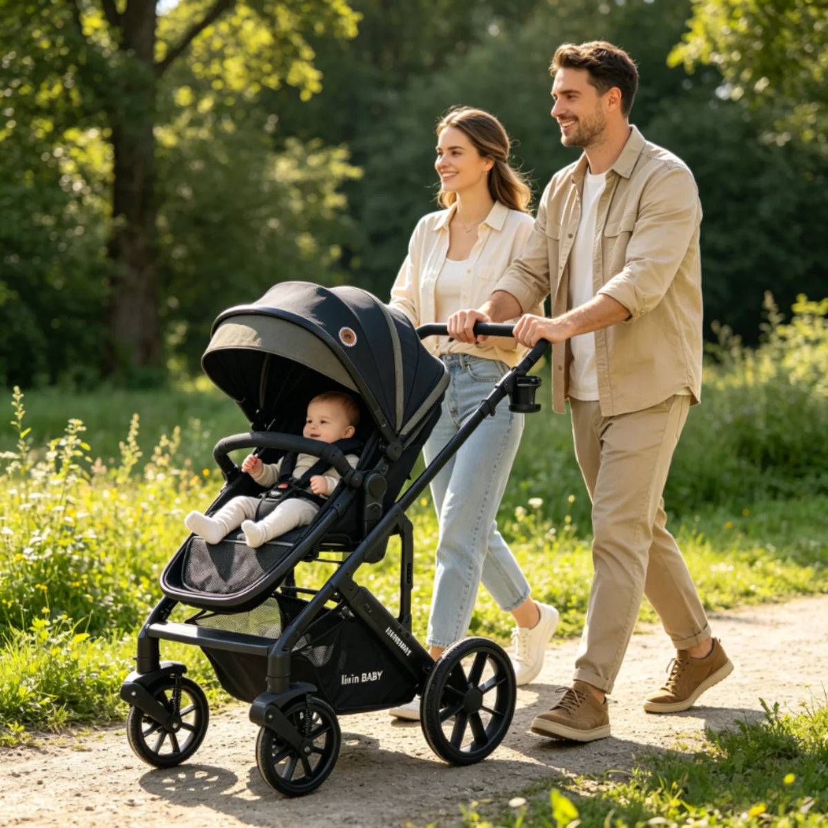 Foldable Baby Stroller With Reclining Seat And Shock Absorbent Wheels