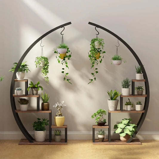 2pcs 5-Tier Metal Plant Stand Indoor Half Moon Shape Tall Garden Plant Holder Round Flower Shelf Rack for Home Patio Lawn Living