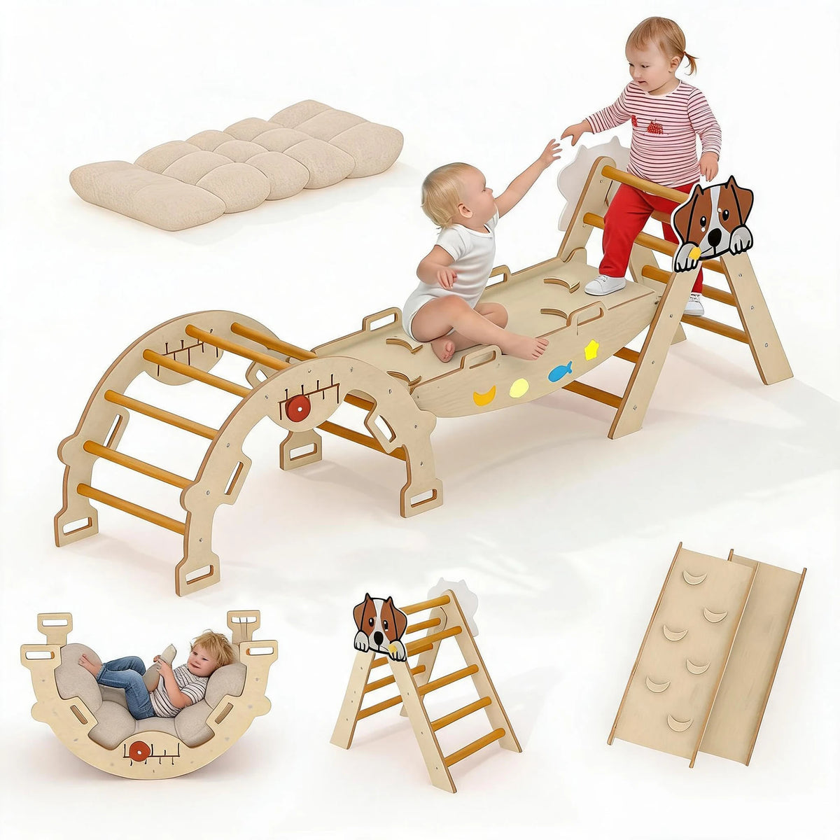 HiMISS Foldable Pikler Triangle Climbing Ramp Wooden Play Set