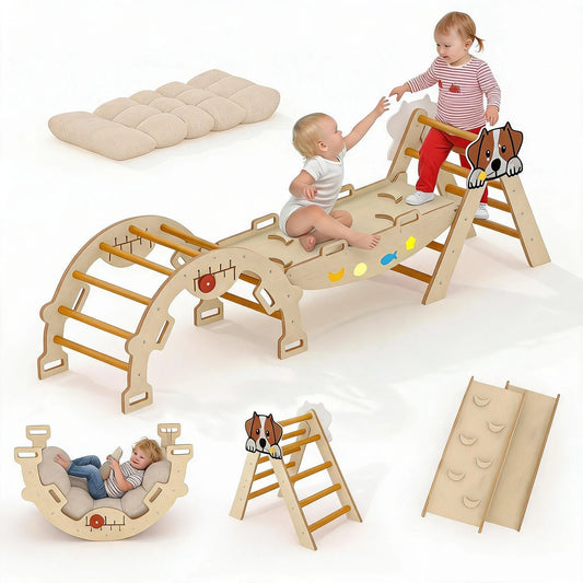 HiMISS Foldable Pikler Triangle Climbing Ramp Wooden Play Set