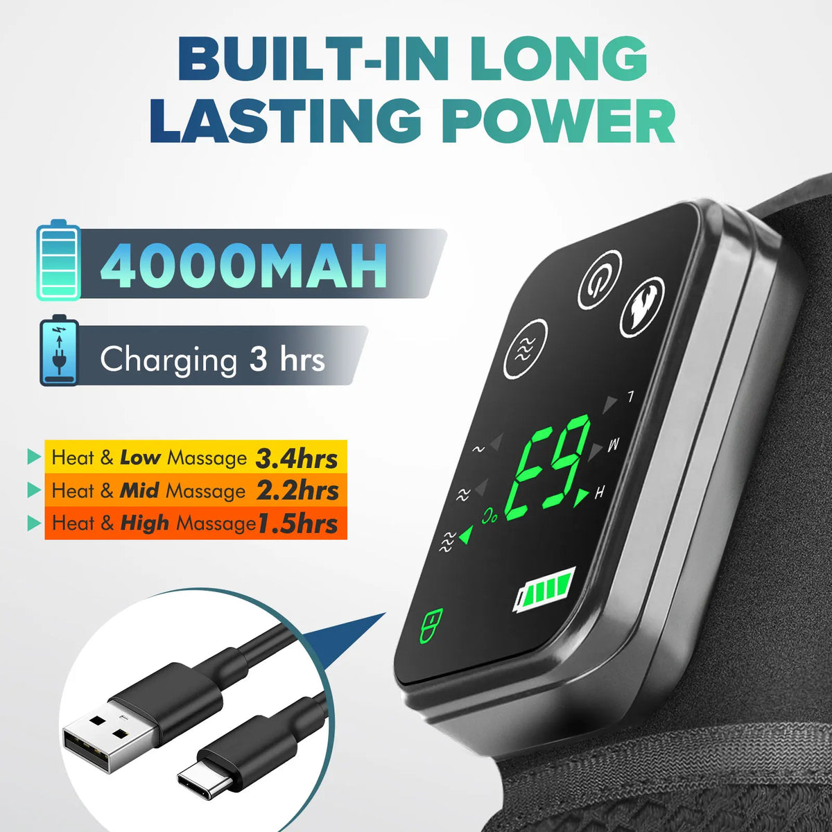 Cordless Knee Massager with Heat Vibration for Pain Relief, Electric Heated Knee Brace with 3 Heat Levels and 3 Massage Mode, 3 in 1 Shoulder Knee Elbow
