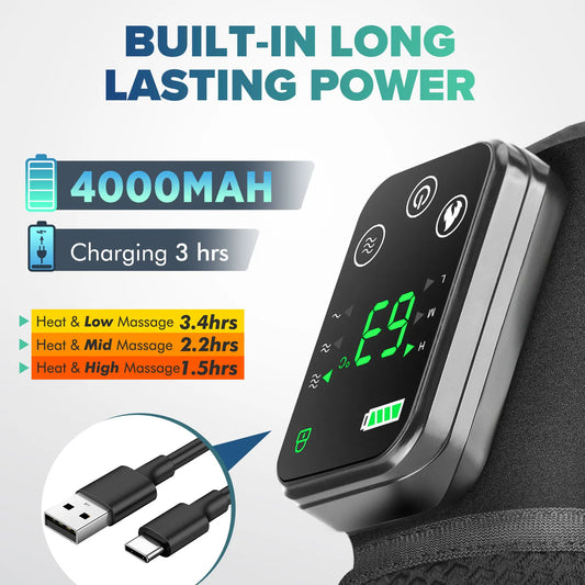 Cordless Knee Massager with Heat Vibration for Pain Relief, Electric Heated Knee Brace with 3 Heat Levels and 3 Massage Mode, 3 in 1 Shoulder Knee Elbow